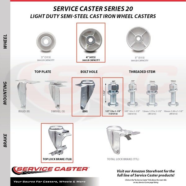 Semi Steel Swivel TS Caster w/Roller Bearing - 4" Wheel & 1/2" Stem w/Brake